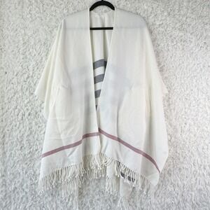 Mer Sea Shawl Cream Blue Striped‎ Fringe Poncho Travel Wrap Sweater OS Classic